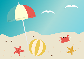 Strandbild mit Sonnenschirm und Möven im Hintergrund